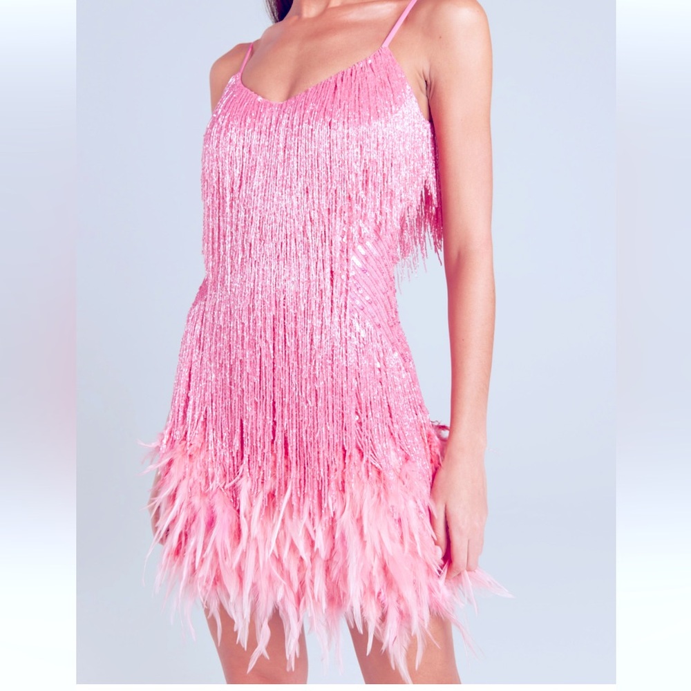 NADINE MERABI Pink Fringe & Feather Mini Dress